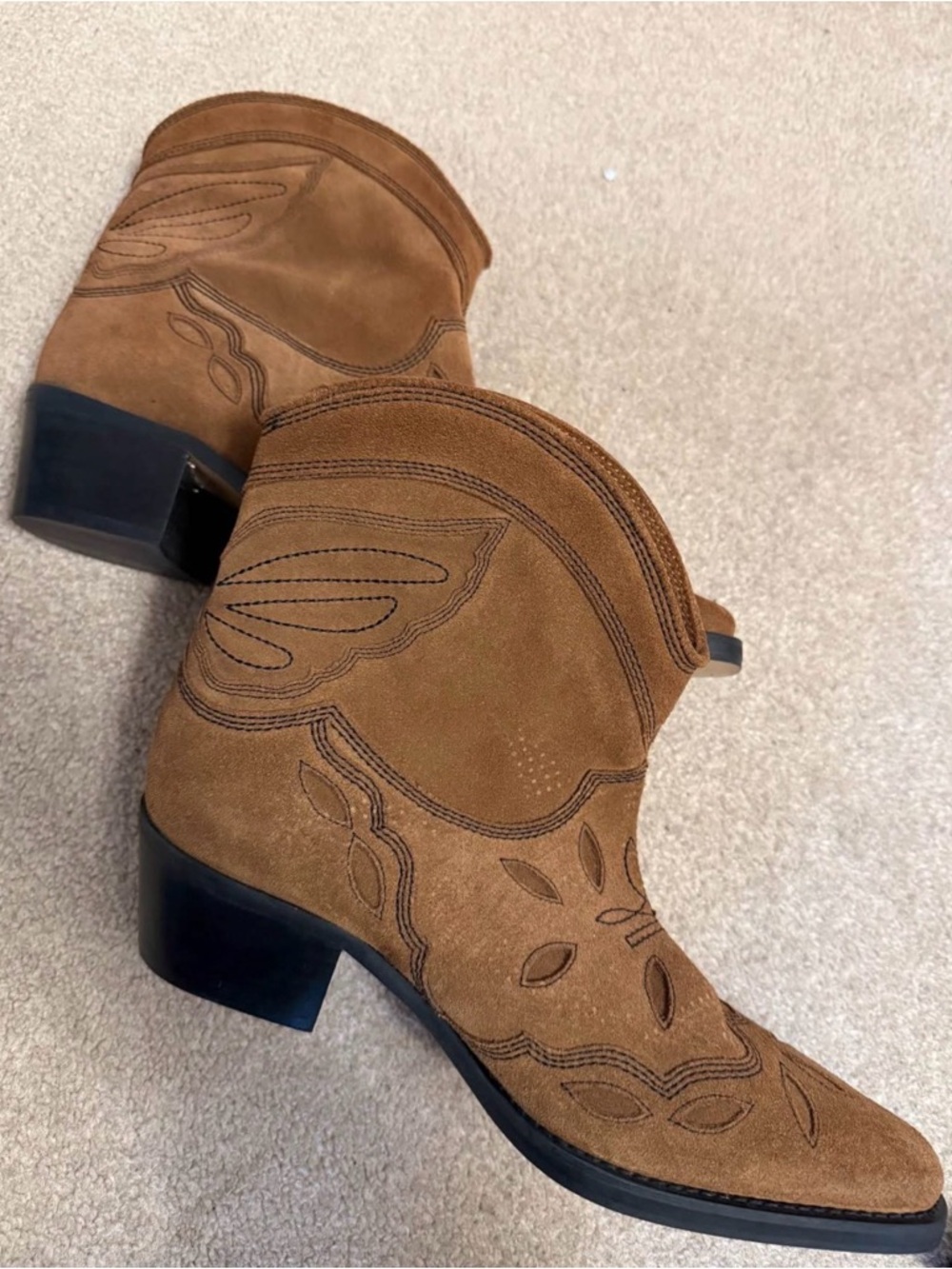 Ganni Tan Suede Western Ankle Boots